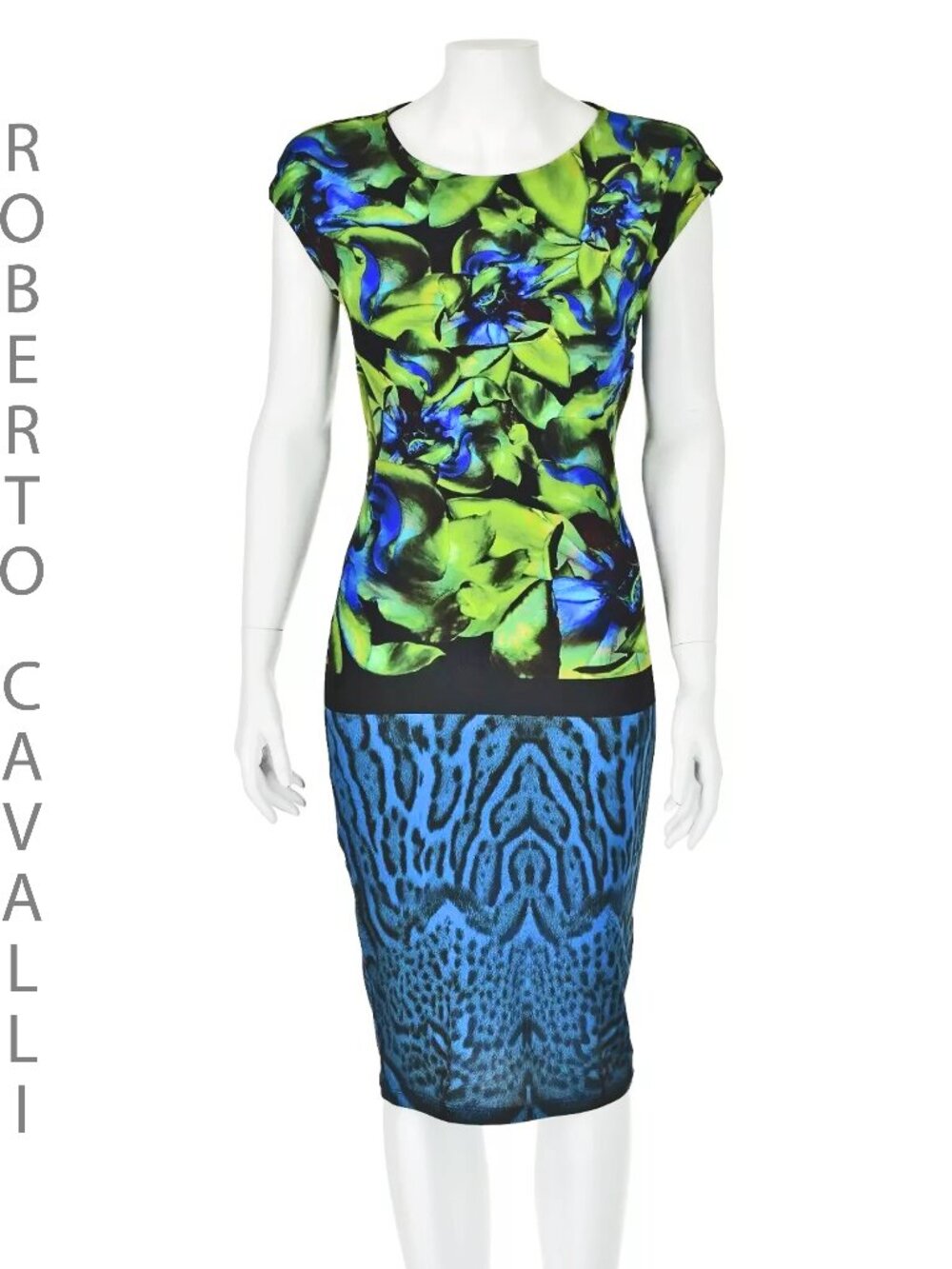 ROBERTO CAVALLI Vintage Blue & Green Knit Sheath Dress, SIZE SM